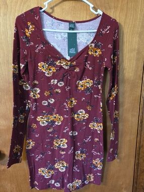 wild fable Maroon Floral Long-Sleeve V-Neck Dress